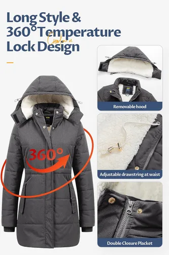 Vista 5 de CREATMO US Abrigo de invierno de sherpa grueso para mujer, chaqueta de nieve cálida con capucha extraíble