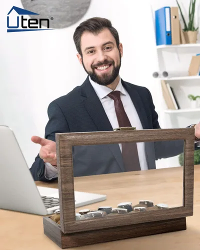 Vista 6 de Uten Caja de reloj con 10 ranuras, organizador de caja de reloj con tapa de vidrio real, caja de almacenamiento de cuero sintético de grano