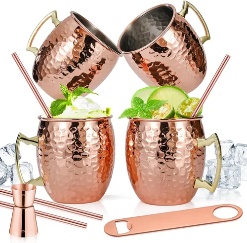 Vista 9 de Amrules Tazas Moscow Mule, 16 OZ Taza Mule Negra Martillada con Forro de Acero Inoxidable 304 y Asa de Latón, para Bebidas Frías, Cerveza, Vino