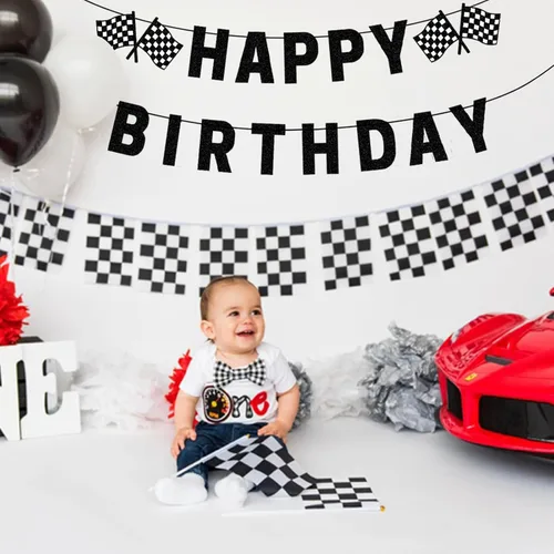 Vista 3 de Cartel de cumpleaños de coche de carreras pre-encordado negro cartel de feliz cumpleaños cartel de carreras fiesta de coche decoraciones