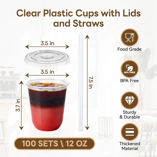 Vista 3 de Vplus Paquete de 100 tazas de café helado de 12 onzas con tapas, vasos de plástico desechables con tapas y popotes para bebidas frías, jugos