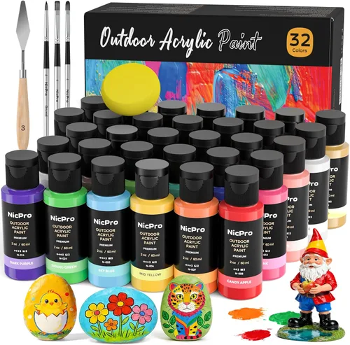 Vista 10 de Nicpro 14 colores pintura acrílica al aire libre a granel (120 ml, 4.06 oz) con pincel y esponja, cuchillo, pintura brillante no tóxica