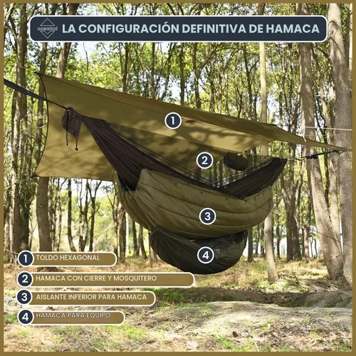 Vista 6 de Onewind Hamaca de Acampar de 11 pies con Mosquitera y Línea de Cresta Ajustable, Hamaca Doble Portátil Ligera con Correas para Árboles y Red Marrón