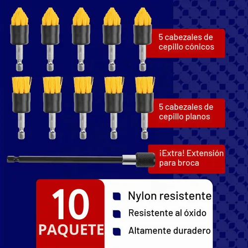 Vista 4 de Impresa Juego de accesorios para cepillos de taladro, paquete de 10, 5 cónicos y 5 planos, extensor de 6 pulgadas, cepillos de limpieza de lechada