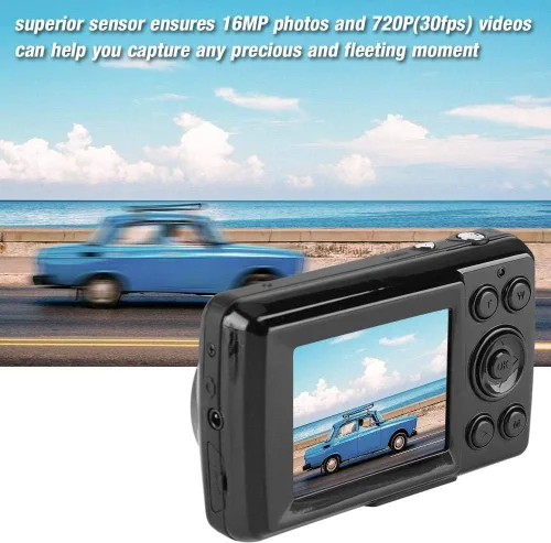 Vista 2 de Cámara digital para niños, video 720P de 2.4 pulgadas, pantalla LCD de 4X, zoom digital de 16 MP, videocámara compacta con luz de relleno y soporte