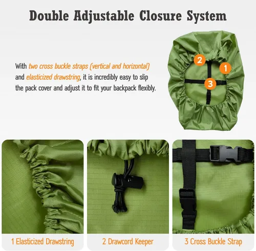 Vista 4 de Cubierta impermeable para mochila de lluvia (15-90L), cubierta de nylon resistente con sistema de cierre doble ajustable actualizado y bolsa