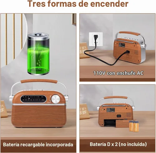 Vista 4 de Radio analógica retro AM FM Bluetooth Speak Plug in Wall, alimentación de CA o recargable o funciona con batería, transistor vintage con altavoz
