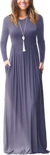 Vista 13 de GRECERELLE Vestido largo de manga larga para mujer, casual, cuello redondo, holgado, sólido floral, maxi largo con bolsillos, S-3XL A-Negro