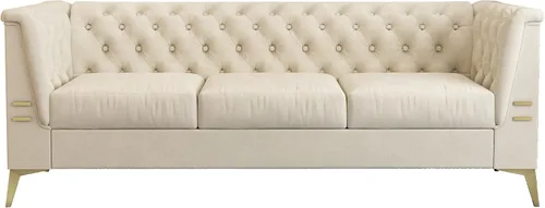 Vista 8 de Sofá de terciopelo beige moderno Mid-Century con patas de metal dorado, sofás Chesterfield de 3 plazas para sala de estar, dormitorio, apartamento