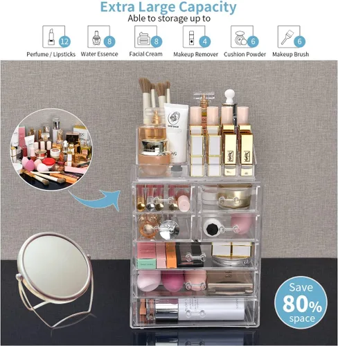 Vista 4 de Organizador de maquillaje transparente con soporte para pinceles, gran exhibición de cosméticos de acrílico y organizador de maquillaje