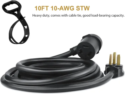 Vista 7 de Cable de extensión para secadora de 3 clavijas de 10 pies, 30 amperios, NEMA 10-30P a 10-30R 10 AWG, color negro Cable de extensión EV