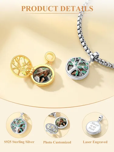 Vista 10 de Custom4U Photo Charms for Bracelets 925 Sterling Silver/Gold Plated Heart/Tree of Life/Round Charm Bead Personalized with Picture Custom