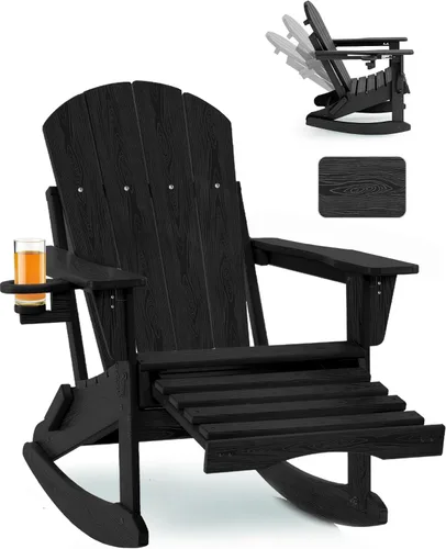 Vista 11 de Mecedora plegable Adirondack, silla de patio multifuncional 4 en 1 con otomana retráctil, silla de exterior con textura de madera, silla de césped