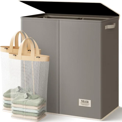 Vista 19 de SOLEDI Cesta de lavandería grande doble con tapa, cesta de ropa plegable de 2 secciones con bolsas extraíbles, cesta de lavandería que ahorra