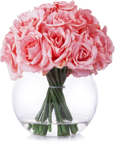 Vista 6 de Arreglo floral de rosas abiertas de seda de 21 cabezas en jarrón redondo de vidrio con agua sintética para decoración de centros de mesa de boda