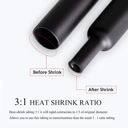 Vista 2 de Tubo termorretráctil negro 3:1 de doble pared con adhesivo marino forrado con pegamento impermeable para cables, protectores de cables, conectores