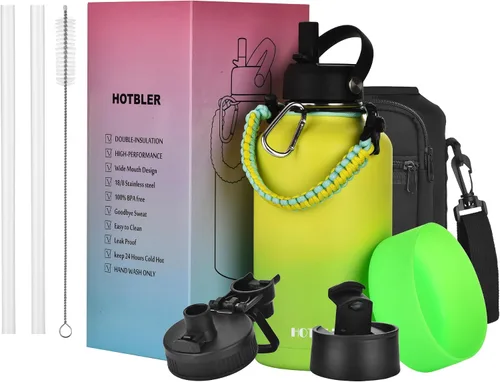 Vista 9 de Botella de agua aislada de 64 onzas con asa de paracaídas, bolsa de transporte y funda de silicona, jarra aislada de acero inoxidable de doble pared