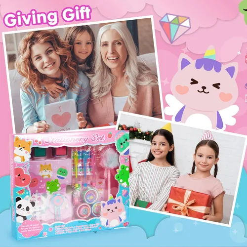 Vista 2 de Diario de animales para niñas con cerradura, juego de papelería de animales con diario secreto, sellos, bolígrafos, cuaderno de diario, regalo