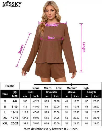 Vista 7 de MISSKY Conjunto de pijama de 2 piezas para mujer, camiseta de punto acanalado de manga larga y pantalones cortos, conjunto de pijama con bolsillos