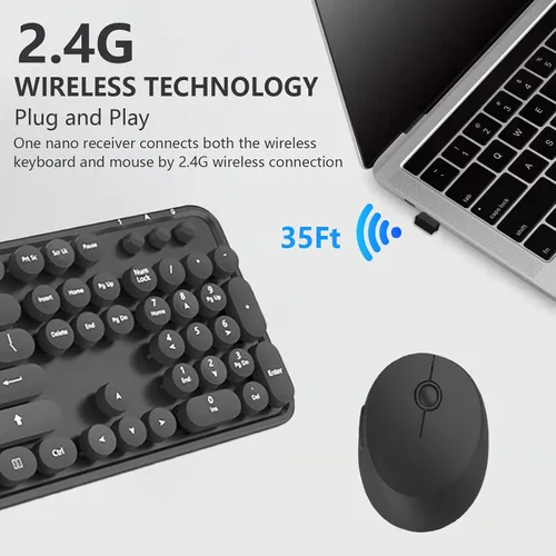 Vista 3 de Combo de teclado y mouse inalámbricos, teclado retro estilo máquina de escribir con teclas redondas, conexión de 2.4 GHz libre de caídas, mouse