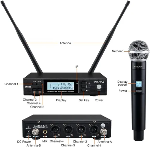 Vista 6 de Micrófono inalámbrico UHF de 4 canales, micrófonos de mano inalámbricos profesionales para cantar karaoke, iglesia, frecuencia ajustable de 4 x 100