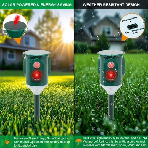 Vista 3 de Repelente solar ultrasónico de animales para exteriores, disuasorio de plagas activado por movimiento de 360° con luz estroboscópica, protección