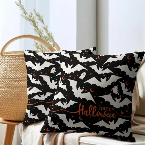 Vista 7 de Happy Halloween - Juego de 2 fundas de almohada decorativas de lino y algodón negro con diseño de murciélago blanco de 16 x 16 pulgadas, fundas