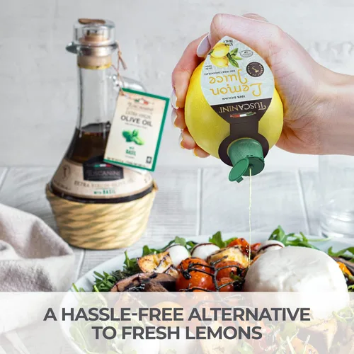 Vista 4 de Tuscanini 100% jugo de limón siciliano, no de concentrado, botella de 6.7 onzas en forma de limón conveniente Sin agua añadida Producto