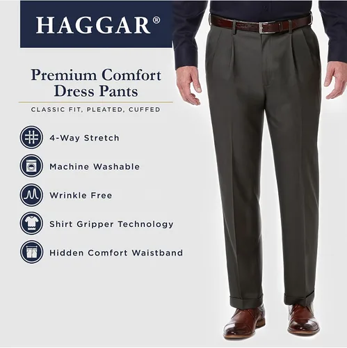 Vista 5 de Haggar - Pantalón caqui prémium para hombre, no requiere planchado, ajuste clásico, pliegues en la parte delantera, tallas regulares y Big and Tall