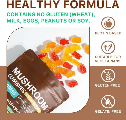 Vista 8 de Gomitas de hongos para adultos, mezcla de 10 hongos con Ashwagandha, pectina vegana, sin gluten, sabor natural a frambuesa, 80