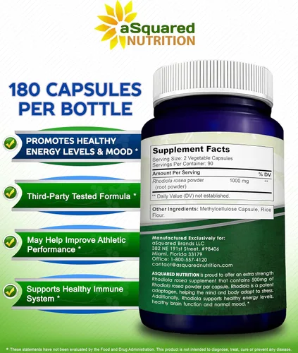 Vista 6 de aSquared Nutrition Rhodiola Rosea Suplemento 1000 mg – 180 cápsulas veganas – Pastillas de extracto de raíz de Rhodiola de máxima fuerza que mejoran
