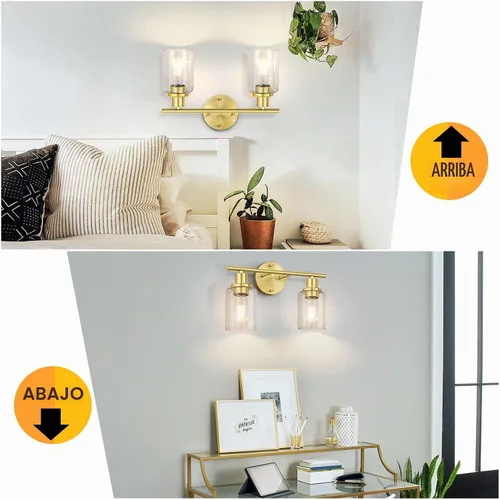 Vista 7 de FOLKSMATE Lámparas de baño, lámpara de tocador de latón cepillado de 2 luces, apliques de pared dorados, iluminación moderna de pared de baño