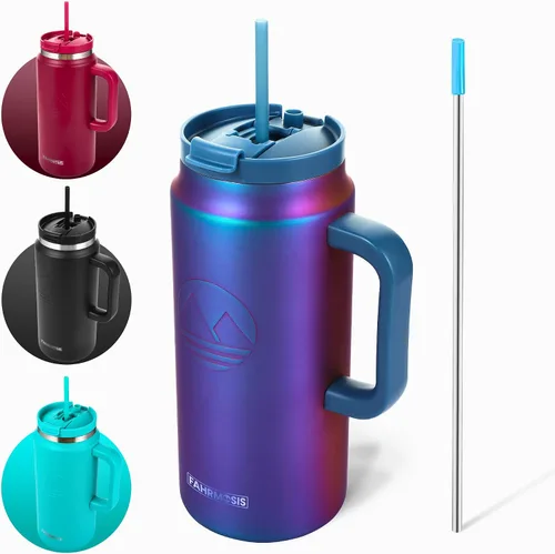 Vista 18 de FAHRMOSIS Vaso de 40 onzas con asa y pajita, taza aislada que cabe en el portavasos para bebidas frías y calientes, vaso a prueba de fugas