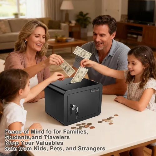 Vista 4 de Caja fuerte pequeña, cajas fuertes tipo casillero con llave y ranura para monedas, pequeñas cajas fuertes para dinero, seguridad doméstica