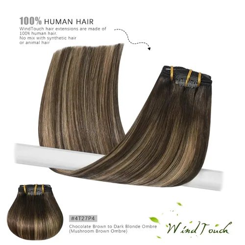Vista 30 de WindTouch - Extensiones de cabello humano real con clip, color marrón claro a rubio con reflejos #6P613, 22 pulgadas, 4.33 onzas, 7 piezas #6p613