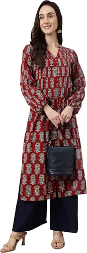Vista 3 de Janasya Kurta acampanada de algodón granate, con estampado floral, para mujer india