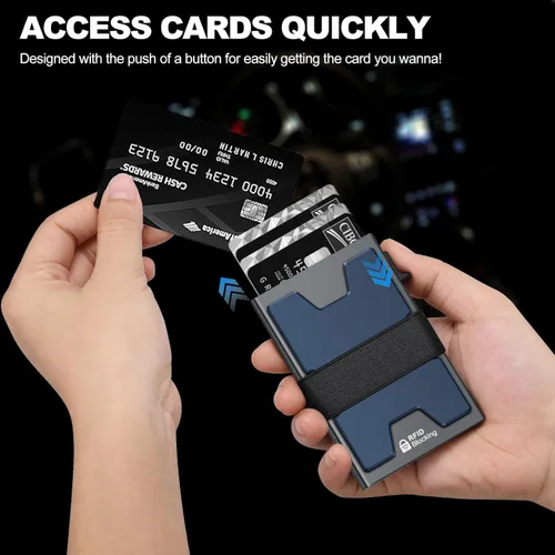 Vista 38 de Cartera delgada de aluminio para hombre, placa trasera expandible duradera, bloqueo RFID, billetera desplegable de metal minimalista, con capacidad