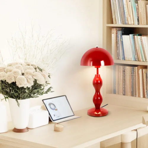 Vista 6 de Lámpara de mesa de hongos, lámparas únicas de maceta para dormitorio, bonita lámpara de escritorio LED roja, lámpara moderna de mediados de siglo