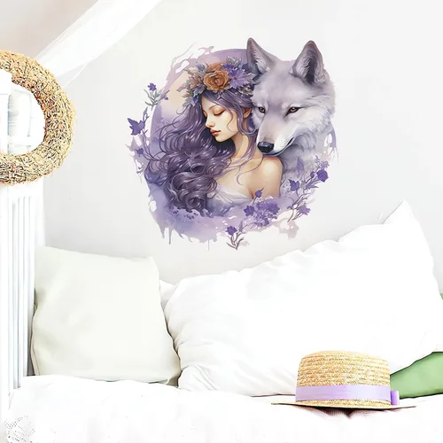 Vista 4 de Calcomanías de pared de niña lobo púrpura vívida, calcomanías creativas de pared de arte frío de belleza fría, vinilo extraíble para despegar