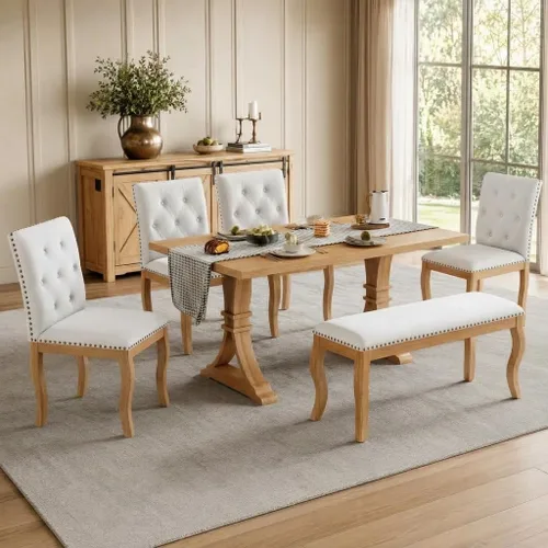 Vista 12 de Juego de mesa de comedor de 6 piezas con banco y 4 sillas Negro Beige-1