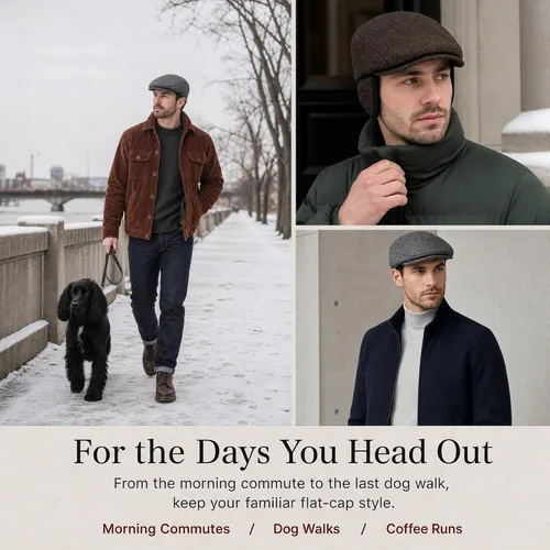 Vista 7 de TOP-EX Gorra plana de mezcla de lana 50% para hombre con orejeras Espiguilla azul marino
