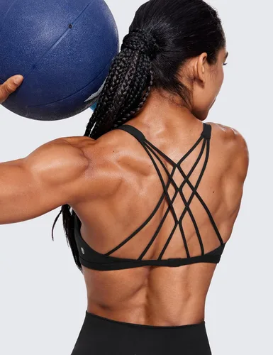Vista 5 de CRZ YOGA Brasier deportivo con tiras para mujer, espalda cruzada, acolchado, soporte medio, inalámbrico, gimnasio, entrenamiento, yoga