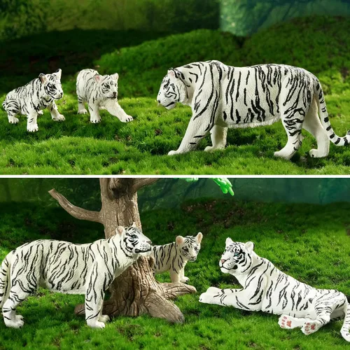 Vista 9 de Toymany 6 figuras realistas de tigres blancos con cachorros de tigre, figuras familiares de animales de la selva de 2 a 6 pulgadas, incluye tigres