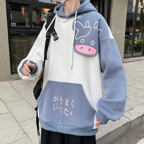 Vista 5 de Sudadera con capucha Kawaii de vaca de anime para hombres y mujeres, preppy Harajuku, letra japonesa, linda luz Academia Alt, dibujos animados