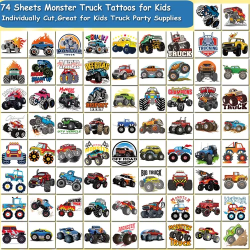 Vista 2 de CHARLENT Tatuajes temporales de Monster Truck para niños, suministros de fiesta – 74 hojas individuales de tatuajes de camión monstruo para niños