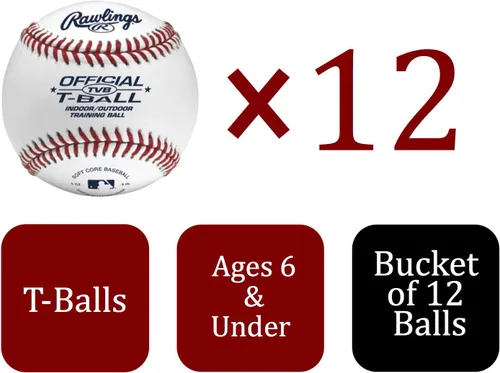 Vista 2 de Rawlings T-Balls oficiales TVB Juvenil/6u Cubo 12 unidades Núcleo de goma esponja Interior / exterior blanco
