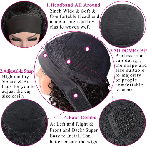 Vista 10 de Peluca de cabello humano con diadema de ondas profundas, sin pegamento, pelucas de cabello rizado sin encaje frontal, pelucas de cabello humano
