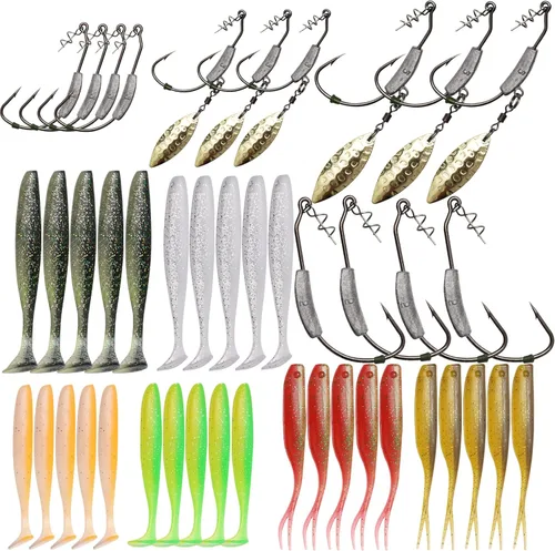 Vista 9 de Dovesun 12PCS/44PCS Anzuelos Ponderados de Natación Anzuelos de Pesca Ponderados Anzuelos de Agua Salada y Agua Dulce de Gusano Sin Malas Hierbas