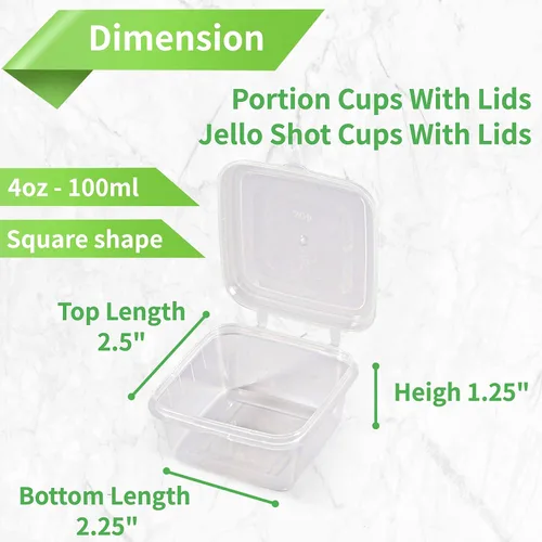 Vista 3 de Recipientes de 3.4 fl oz y 2 onzas con tapas (paquete de 200), pequeños recipientes de plástico para condimentos con tapas, vasos de gelatina, tazas