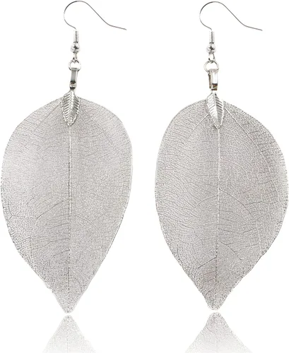 Vista 16 de Joyas de hoja de oro rosa y plata para mujer. Pendientes de hoja natural y collares circulares colgantes. Elegantes conjuntos de joyas colgantes.